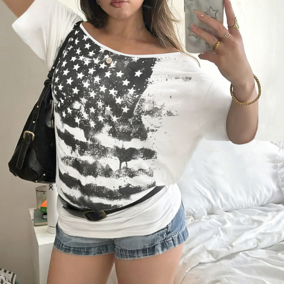 Damen Oversized T-Shirt mit asymmetrischem Schnitt und grafischem Sterneprint Echo Archiv