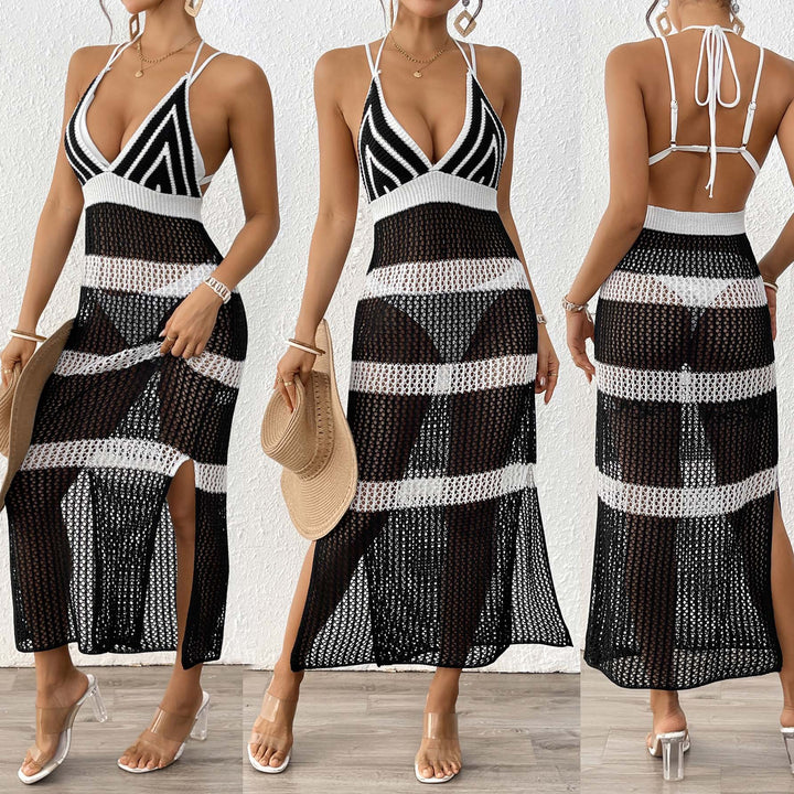 Damen gehäkelter Strandüberwurf mit stilvollem V-Ausschnitt und eleganten Streifendetails Echo Archiv