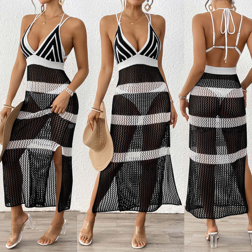 Damen gehäkelter Strandüberwurf mit stilvollem V-Ausschnitt und eleganten Streifendetails Echo Archiv