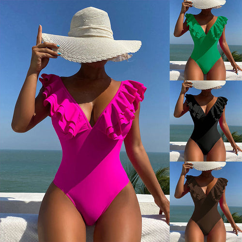 Damen Eleganter einteiliger Badeanzug mit Rüschendetails Echo Archiv
