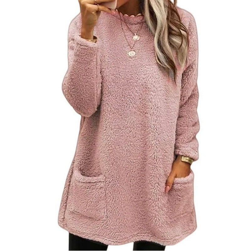 Damen nan kuscheliger langer Teddy-Pullover Oversize mit Rundhalsausschnitt und Eingrifftaschen Echo Archiv