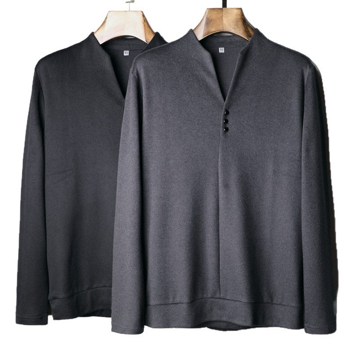 Herren Leichtes Feinstrick-Longsleeve mit verdeckter Knopfleiste und Stehkragen Echoarchiv