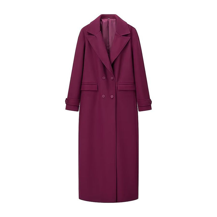 Damen extra langer Mantel mit klarer Silhouette, Doppelreiher und Manschettenriegel – Montévia