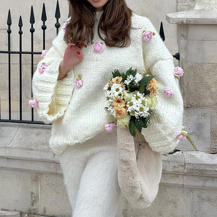 Damen Oversize-Strickpullover mit 3D-Blütenapplikationen und weiten Trompetenärmeln – Mavelle