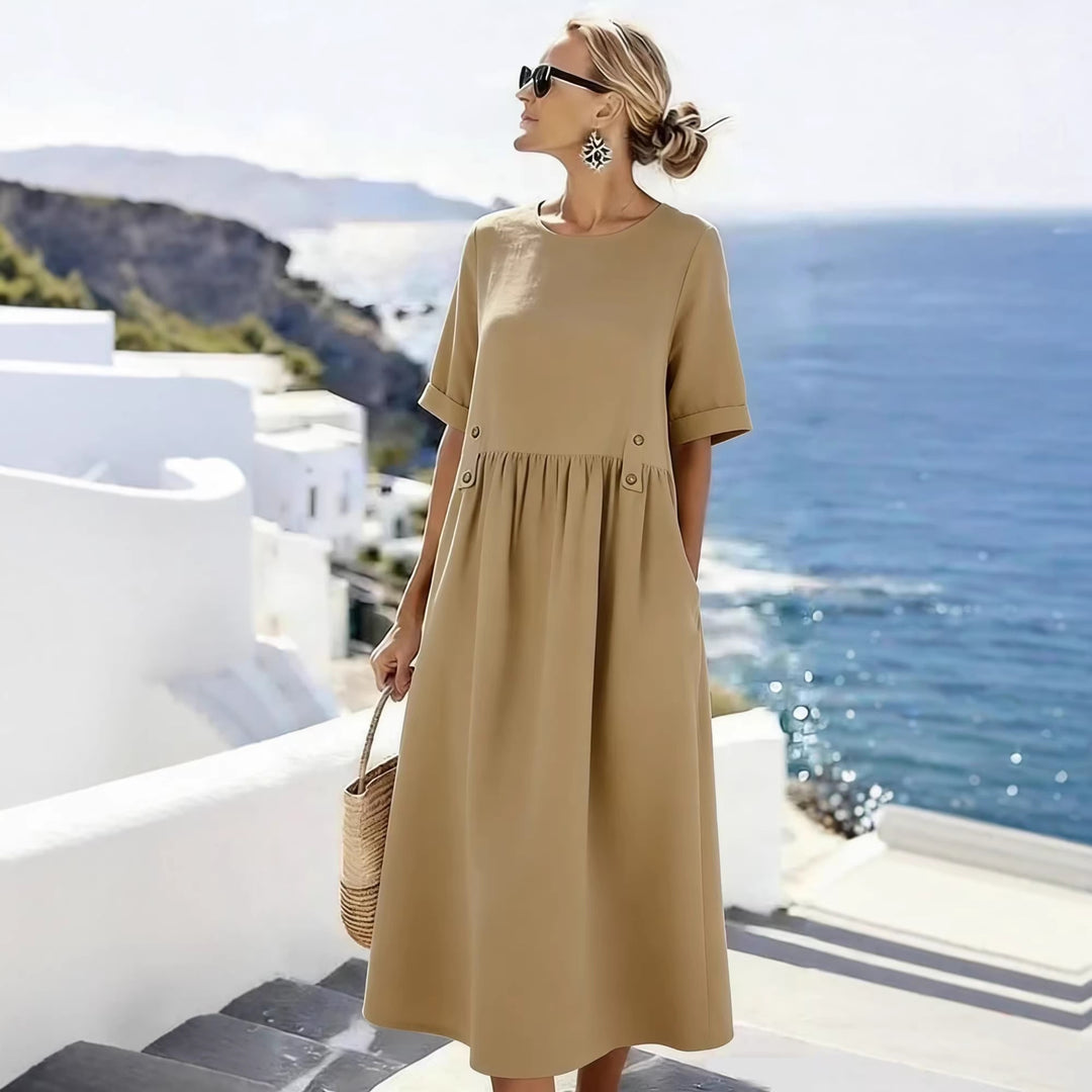 Damen Langes Leinenoptik-Sommerkleid mit geraffter Taillenpartie und Eingrifftaschen – Lunéa