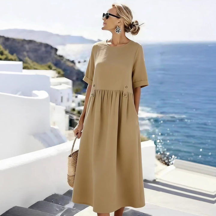 Damen Langes Leinenoptik-Sommerkleid mit geraffter Taillenpartie und Eingrifftaschen – Lunéa