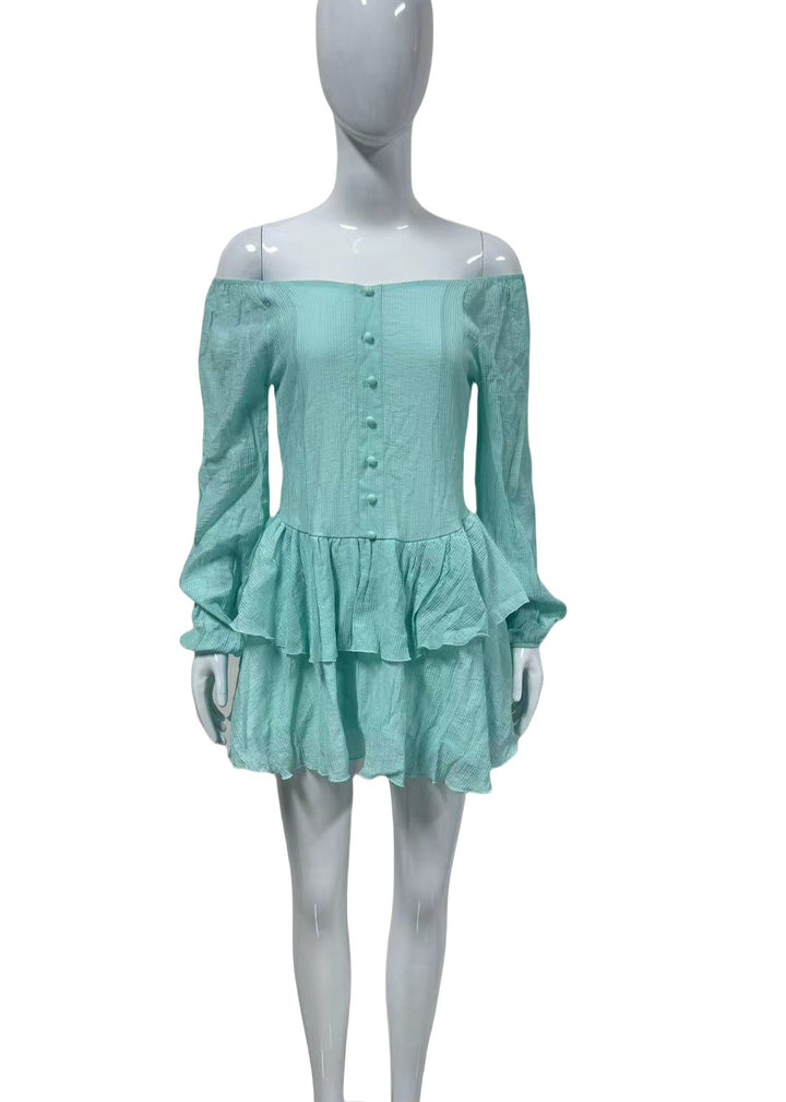 Damen Schulterfreies Stufen-Minikleid mit Knopfleiste Echoarchiv