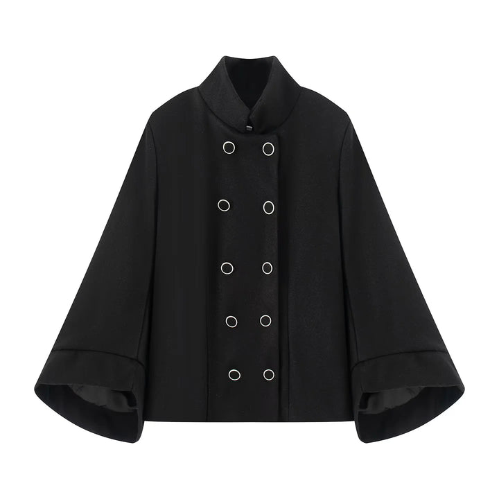 Damen kastiger zweireihiger Cape-Mantel mit weiten Glockenärmeln und Stehkragen – Montévia