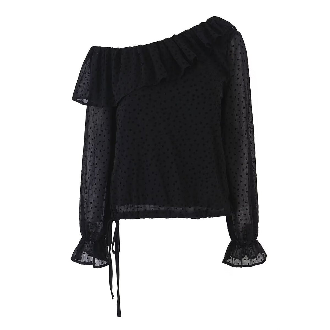Damen Schulterfreie Chiffonbluse mit Volantkragen und transparenten Puffärmeln Echo Archiv