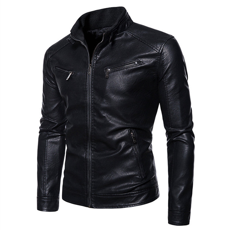 Herren Figurbetonte Kunstleder-Bikerjacke mit Stehkragen und Reißverschlusstaschen Echoarchiv