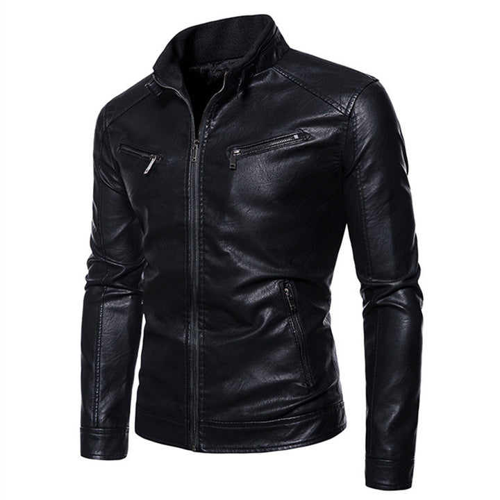 Herren Figurbetonte Kunstleder-Bikerjacke mit Stehkragen und Reißverschlusstaschen Echoarchiv