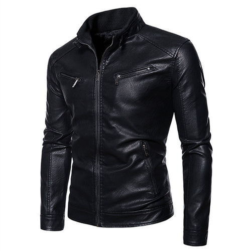 Herren Figurbetonte Kunstleder-Bikerjacke mit Stehkragen und Reißverschlusstaschen Echoarchiv