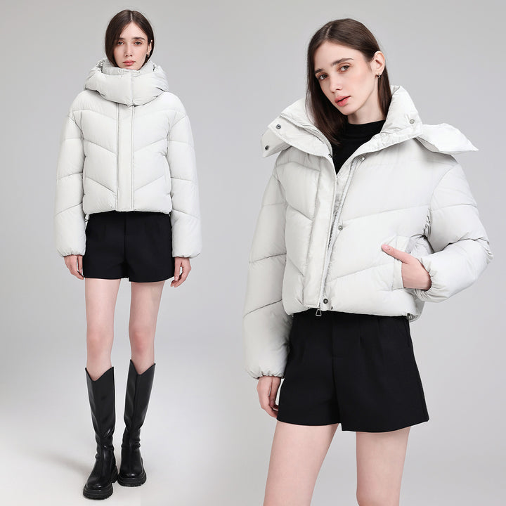 Damen Kurze Pufferjacke mit voluminösem Stehkragen und abnehmbarer Kragenkapuze Echo Archiv
