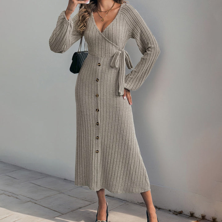 Damen Geripptes Wickel-Midikleid mit V-Ausschnitt, Ballonärmeln & Knopfleiste Echoarchiv