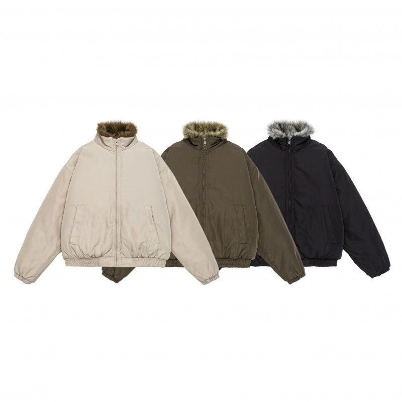Damen Oversize wattierte Bomberjacke mit elastischem Saum und Kunstfellbesatz Echoarchiv