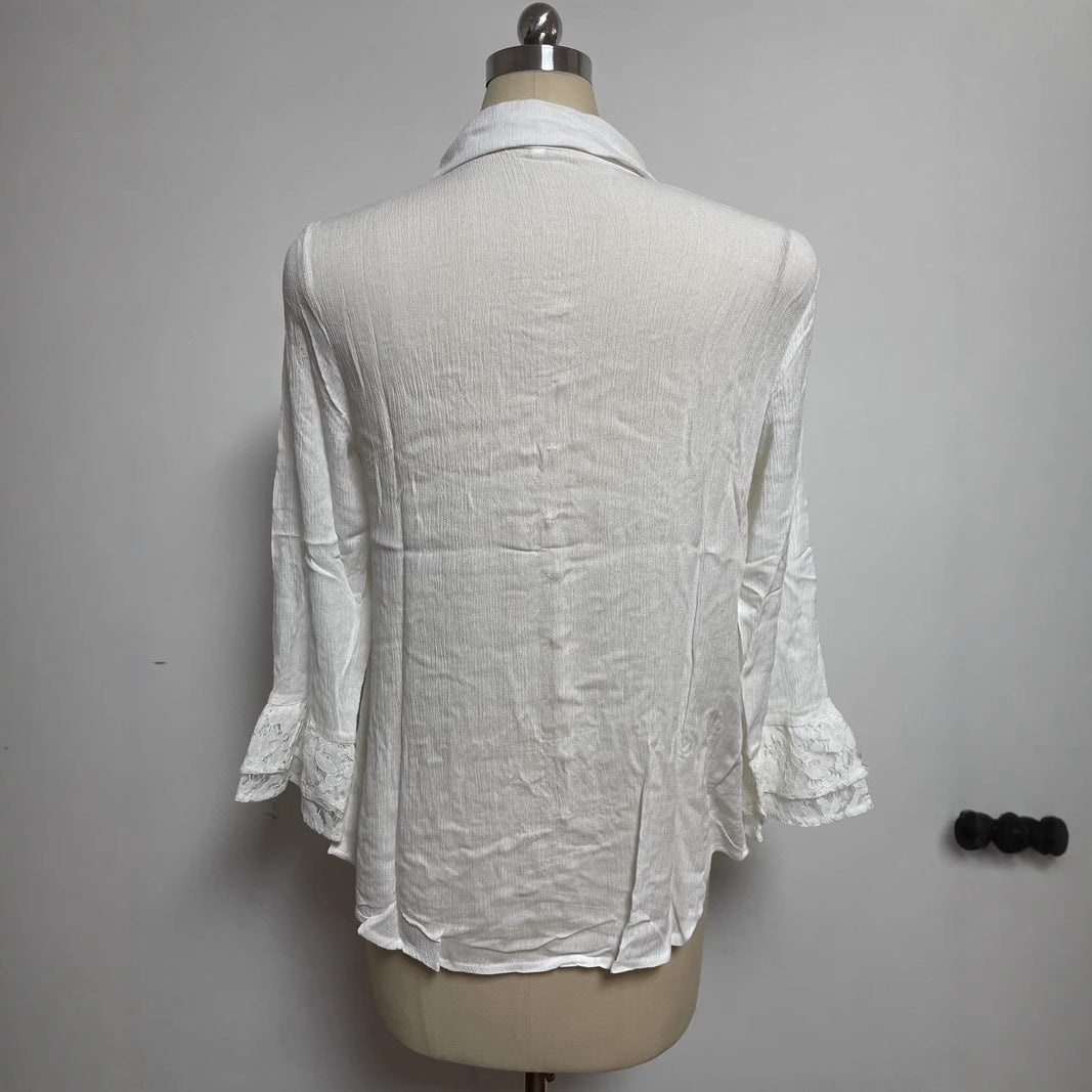 Damen nan halbtransparente gekreppte Bluse mit Spitzenpasse, stoffbezogenen Knöpfen und Dreiviertel-Volantärmeln Echo Archiv