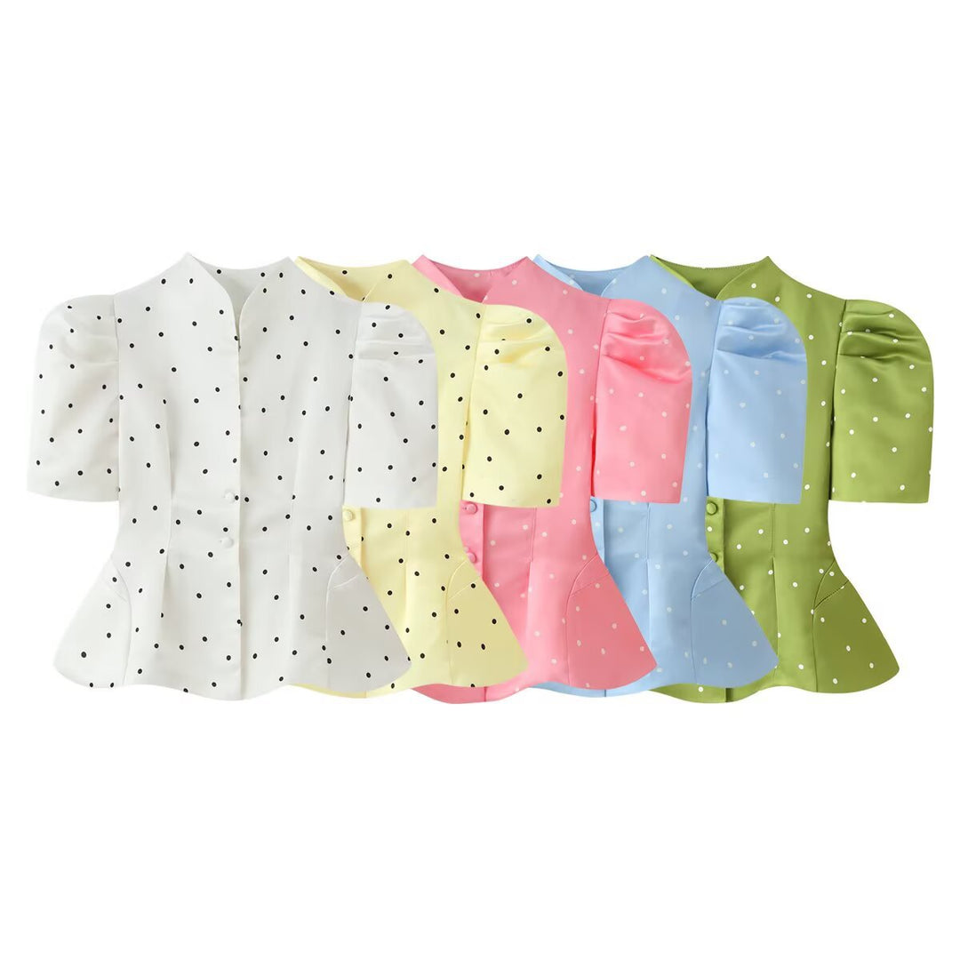 Damen Polka-Dot Bluse mit Stehkragen, Puffärmeln und tailliertem Schößchen Echo Archiv
