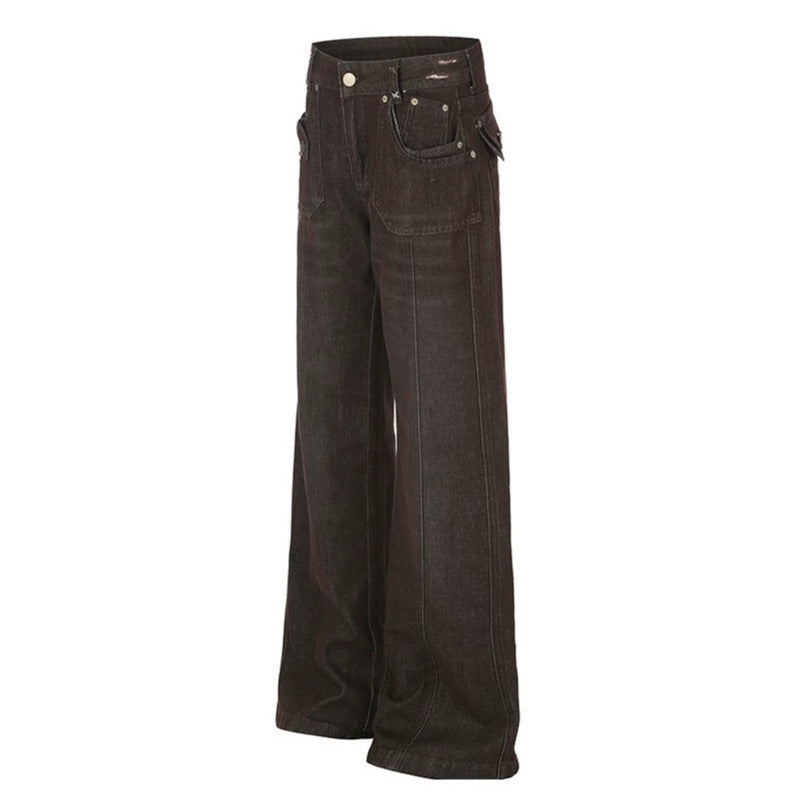 Damen Weite High‑Waist Denimhose mit geradem Bein und Utility‑Pattentaschen Echoarchiv