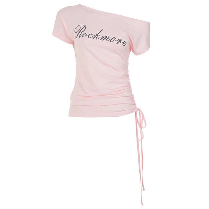 Damen Off-Shoulder T-Shirt mit Raffungen und modischem Schriftzug Echo Archiv