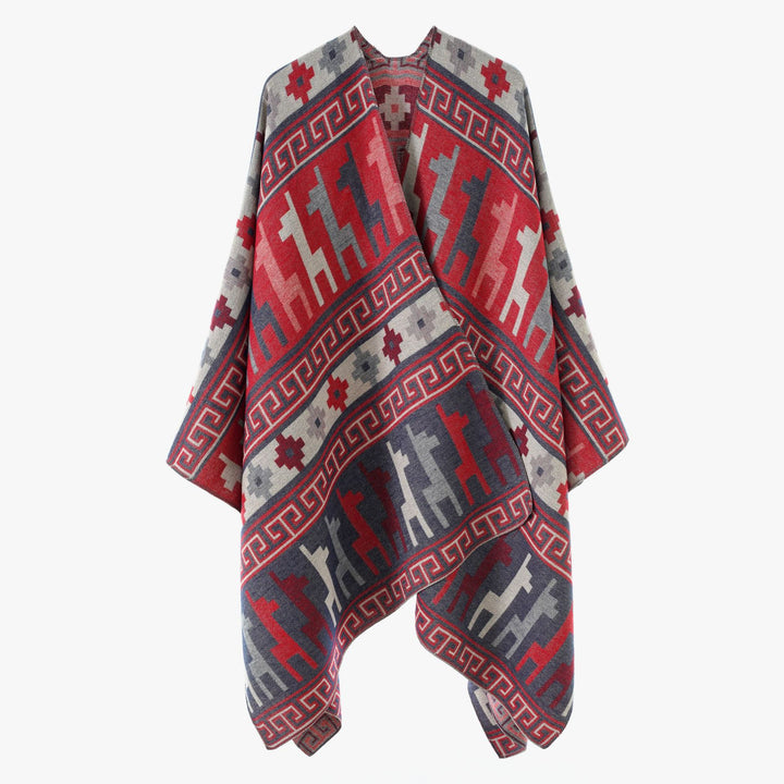 Damen Cape-Überwurf aus Jacquard-Strick mit Tier- und Ethno-Motiv Echo Archiv