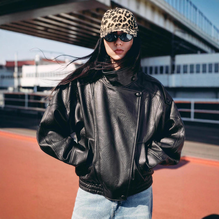 Damen Kurze Boxy-Jacke aus Lederoptik mit hohem Stehkragen und elastischem Saum Echoarchiv