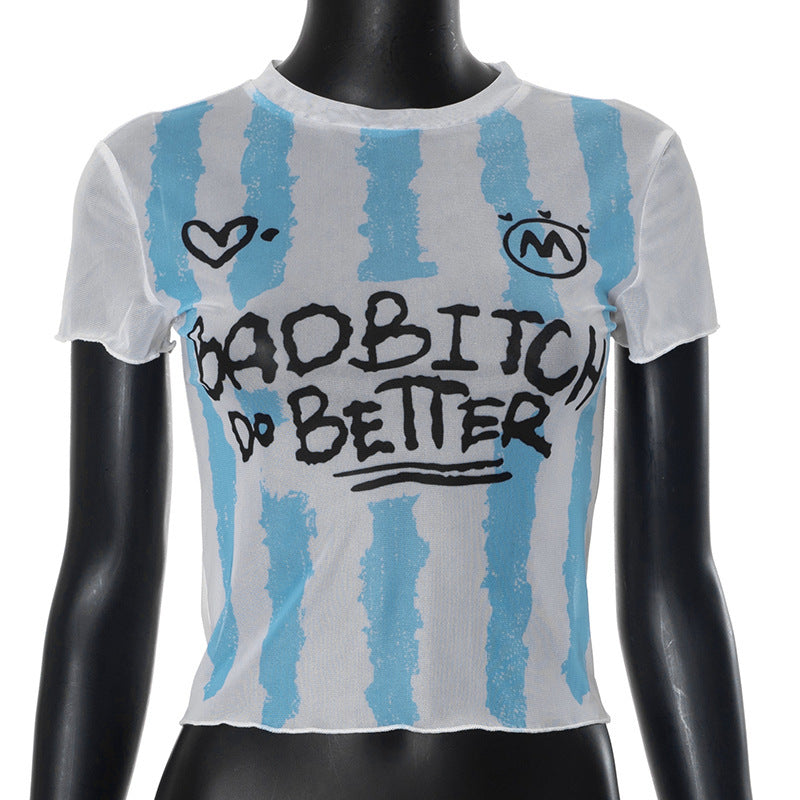 Damen Crop-Top mit kreativem Grafikdruck und figurbetontem Schnitt Echo Archiv