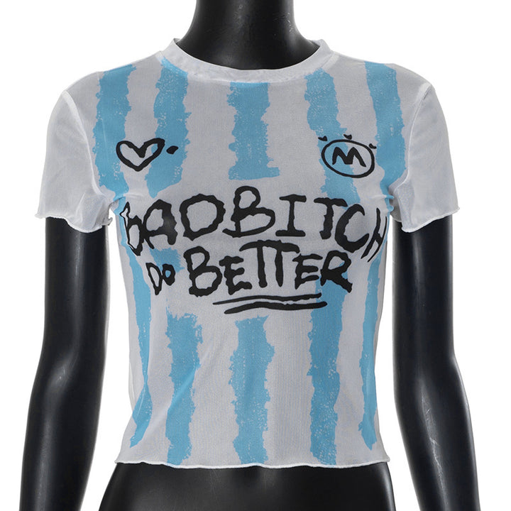 Damen Crop-Top mit kreativem Grafikdruck und figurbetontem Schnitt Echo Archiv