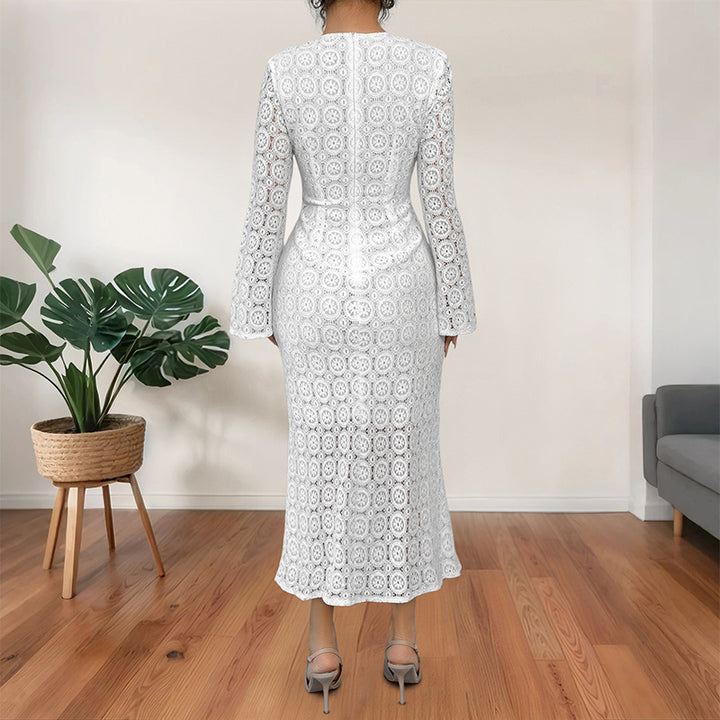 Damen Midikleid aus Häkelspitze mit taillierter Silhouette, Trompetenärmeln und ausgestelltem Saum Echoarchiv