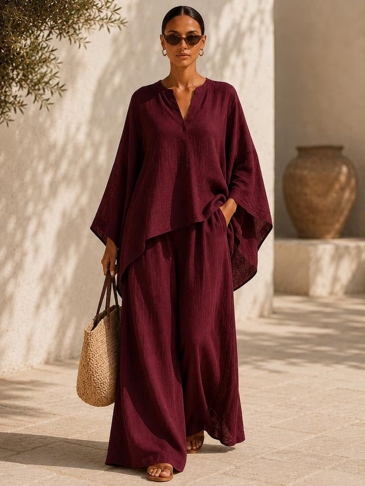 Damen Leichte Leinenmischung Übergroße Kaftan-Oberteil und Kordelzug Weitbein-Hosen Set – Élanora