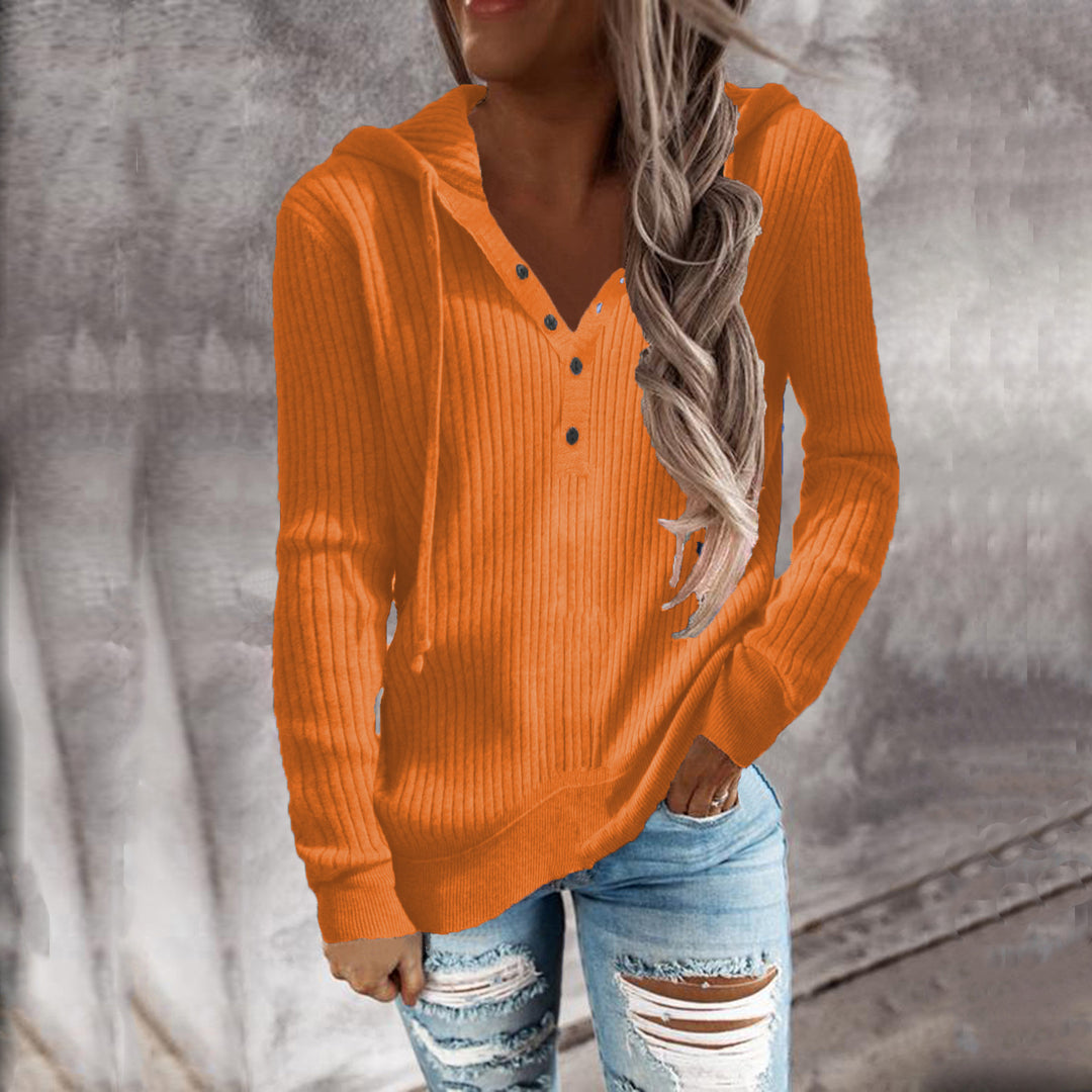 Damen Lässiger gerippter Hoodie-Pullover mit Henley-Knopfleiste und Tunnelzug Echoarchiv