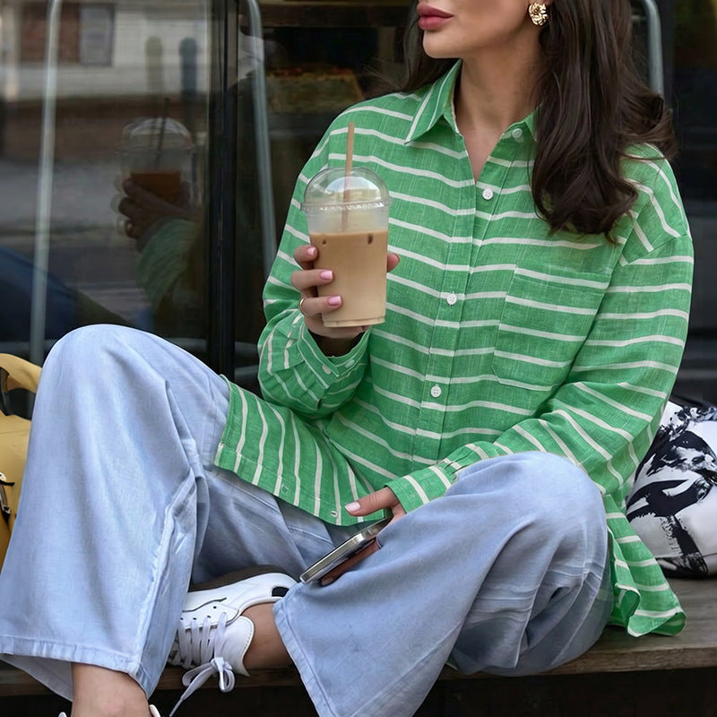 Damen Legere gestreifte Oversize-Hemdbluse aus Leinenoptik mit Brusttasche – Maréline