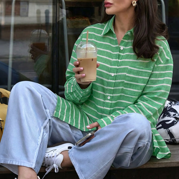 Damen Legere gestreifte Oversize-Hemdbluse aus Leinenoptik mit Brusttasche – Maréline