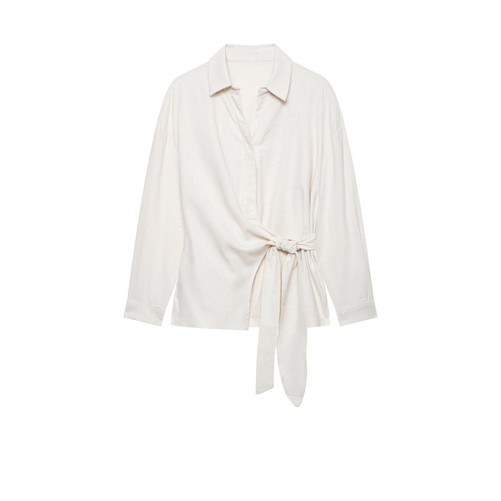 Damen Zweiteiliges Ensemble aus Wickelbluse mit Taillenschleife und weit geschnittener Leinenhose mit Zierstreifen Echo Archiv
