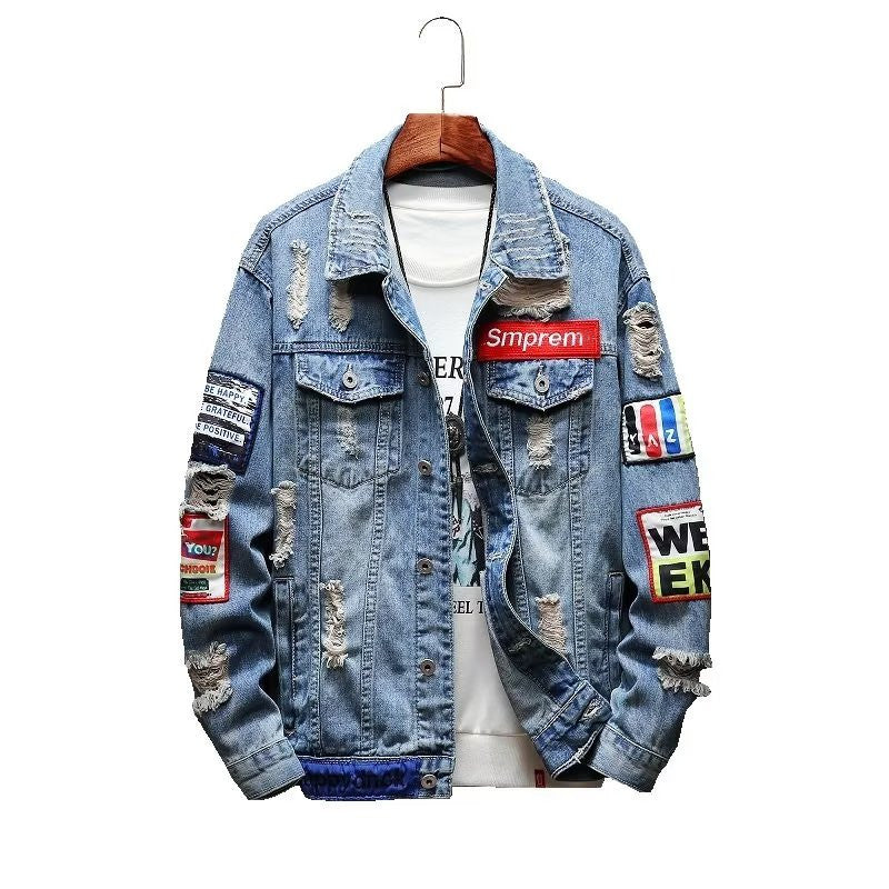 Herren Lässige Denimjacke mit kreativen Applikationen Echoarchiv