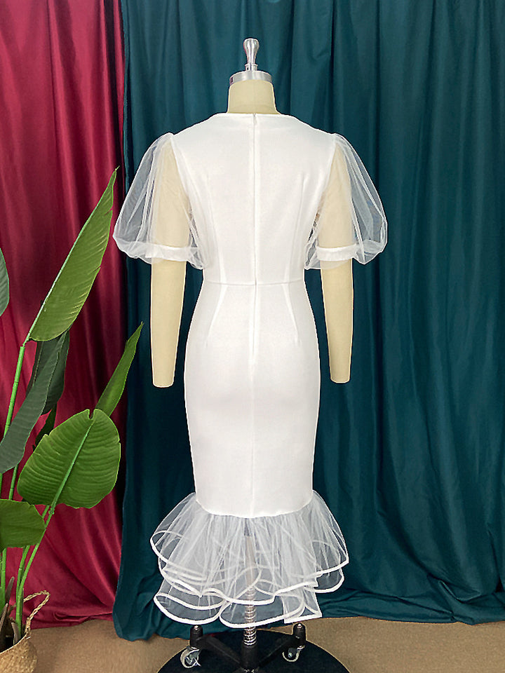 Damen elegantes figurbetontes Kleid mit Tüllärmeln und Rüschenabschluss Echo Archiv
