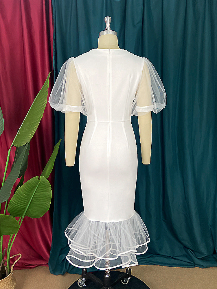 Damen Elegantes Maxikleid mit voluminösen Tüllärmeln und Rüschensaum Echo Archiv