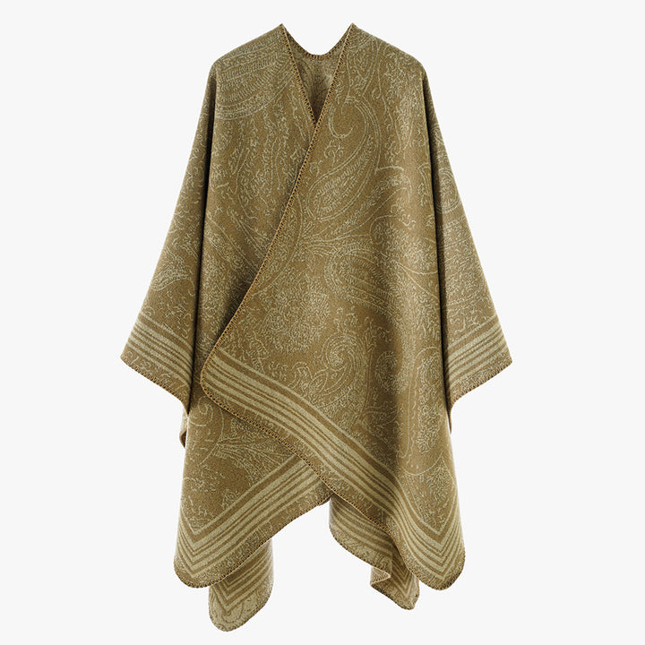 Damen Jacquard-Poncho im Ruana-Schnitt mit Paisley-Muster und breiter Bordüre – Avérine