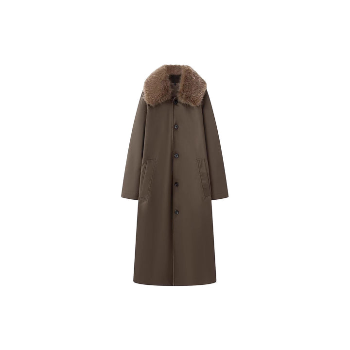 Damen langer Oversize Wollmantel mit abnehmbarem Kunstfellkragen und seitlichen Eingrifftaschen Echo Archiv