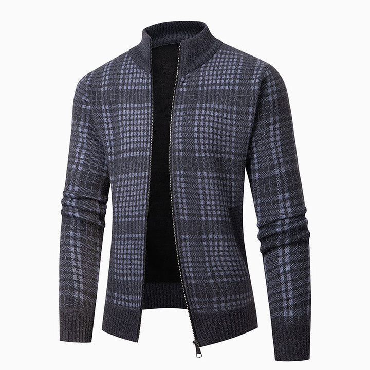 Herren Feinstrick-Zipcardigan mit Glencheck‑Muster, Stehkragen und Zwei‑Wege‑Reißverschluss Echo Archiv