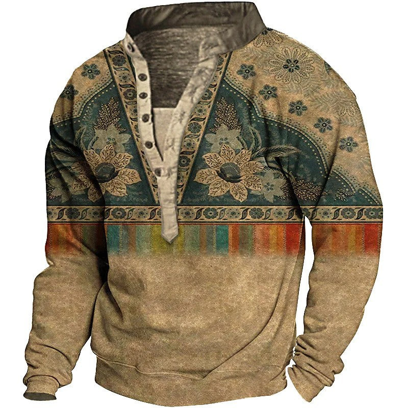 Herren Fleece-Pullover mit einzigartigem Ethno-Muster und praktischen Knopfdetails Echoarchiv