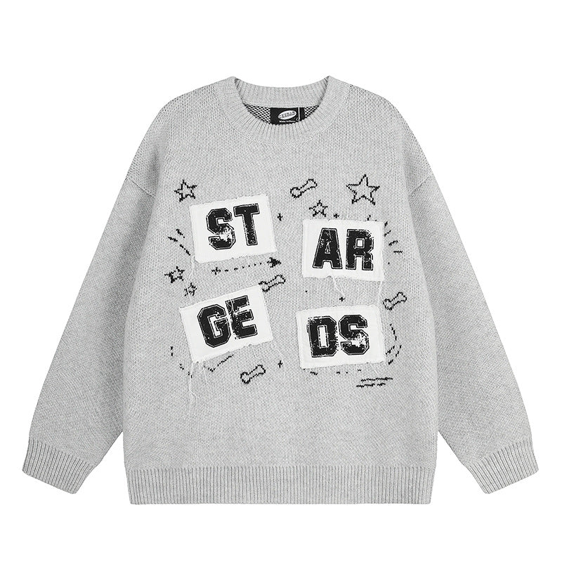 Damen Oversize-Strickpullover mit Rundhalsausschnitt, Applikationen und Vintage-Buchstabenpatches Echoarchiv