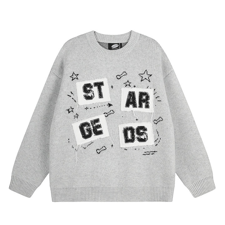 Damen Oversize-Strickpullover mit Rundhalsausschnitt, Applikationen und Vintage-Buchstabenpatches Echoarchiv