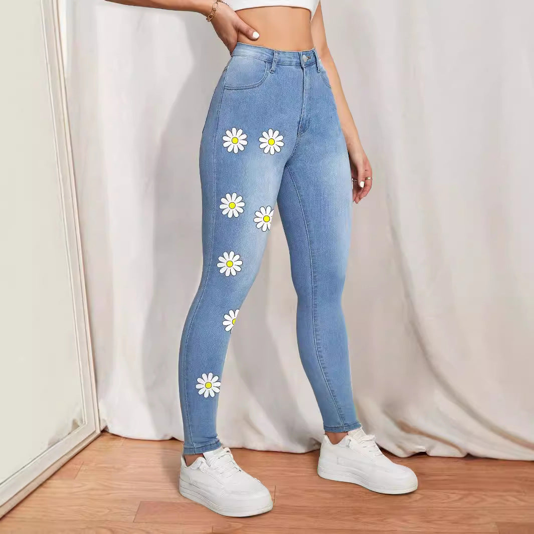 Damen High-Waist Skinny-Jeans mit aufgedruckten Margeriten und figurformendem Stretch Echo Archiv