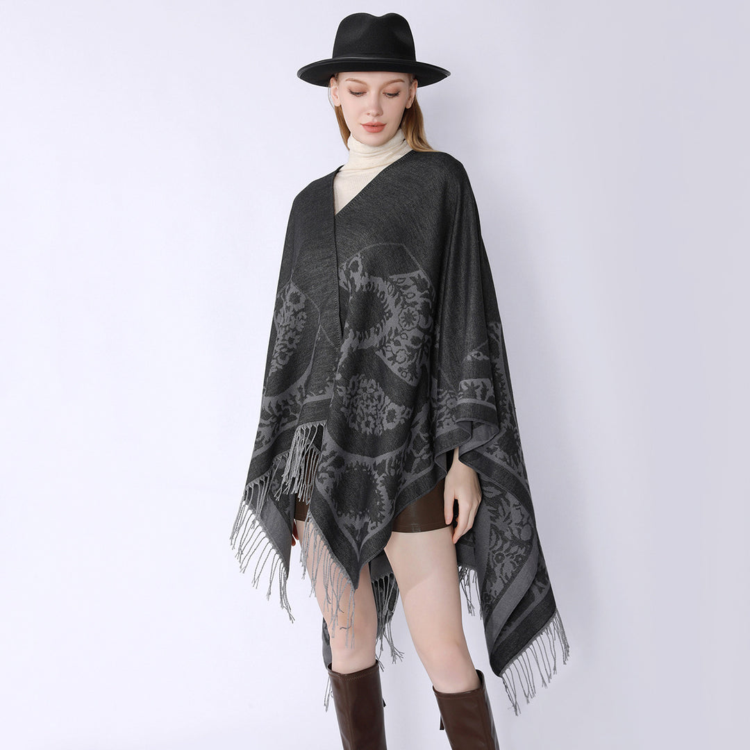 Damen Oversize-Umhangponcho mit floralen Medaillon-Jacquard und Fransensaum Echo Archiv