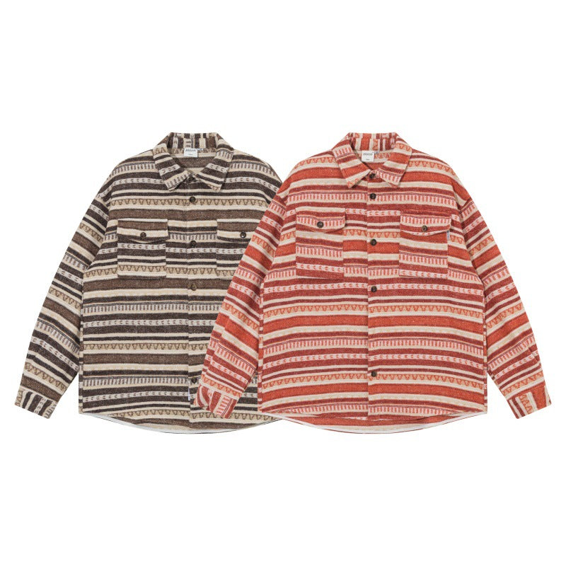 Unisex Oversize-Strickshirtjacke im Ethno‑Streifenmuster mit Pattentaschen Echoarchiv