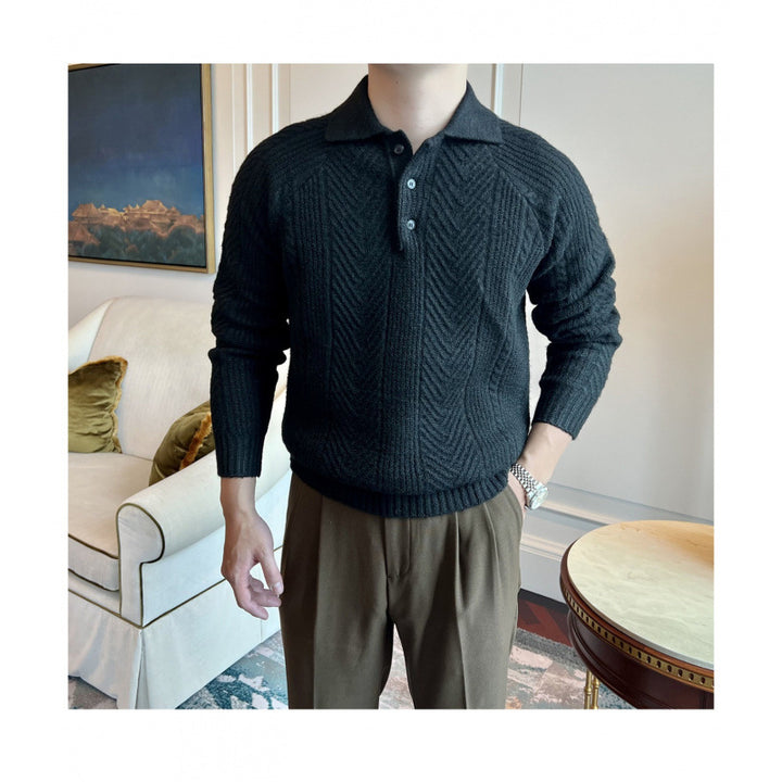 Herren Polokragen-Zopfstrick-Pullover mit halber Knopfleiste Echoarchiv