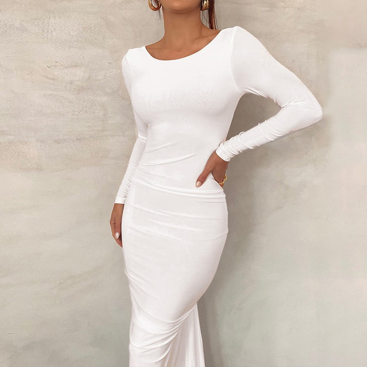 Damen Elegantes figurbetontes Maxikleid mit langen Ärmeln und Rundhalsausschnitt Echo Archiv