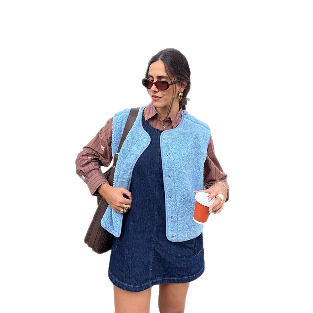 Damen Gefütterte Teddy‑Fleece‑Weste mit Druckknöpfen und abgerundetem Saum Echoarchiv