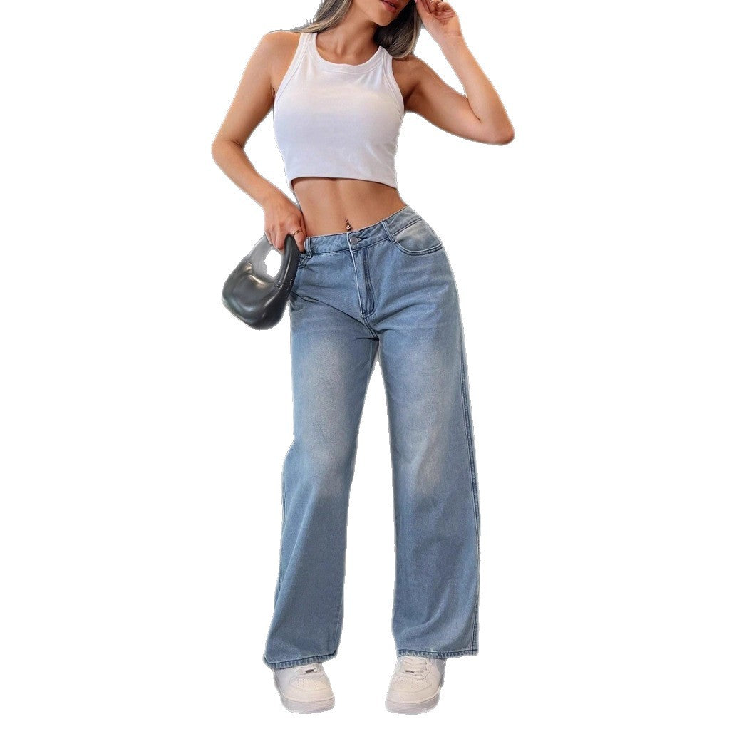 Damen weite Baggy-Jeans im Vintage-Waschung-Look mit tiefem Schritt Echo Archiv