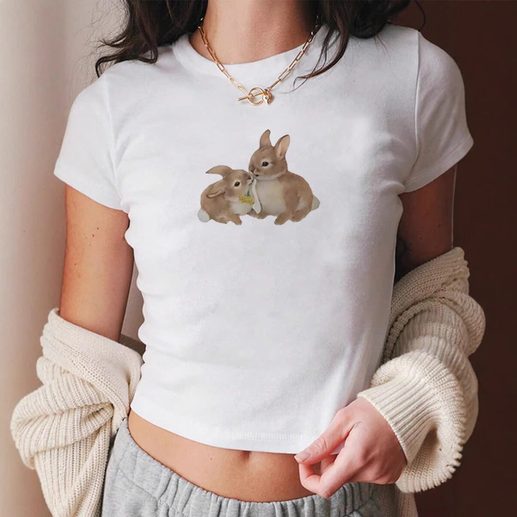 Damen Crop-T-Shirt mit niedlichem Kaninchenmotiv Echo Archiv